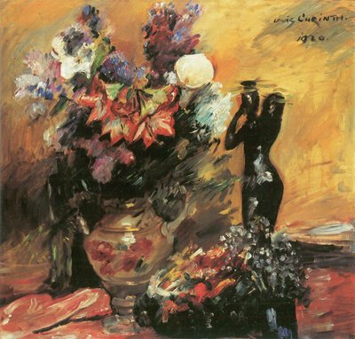 Calla Lilies and Lilac with Bronze Figure by Lovis Corinth